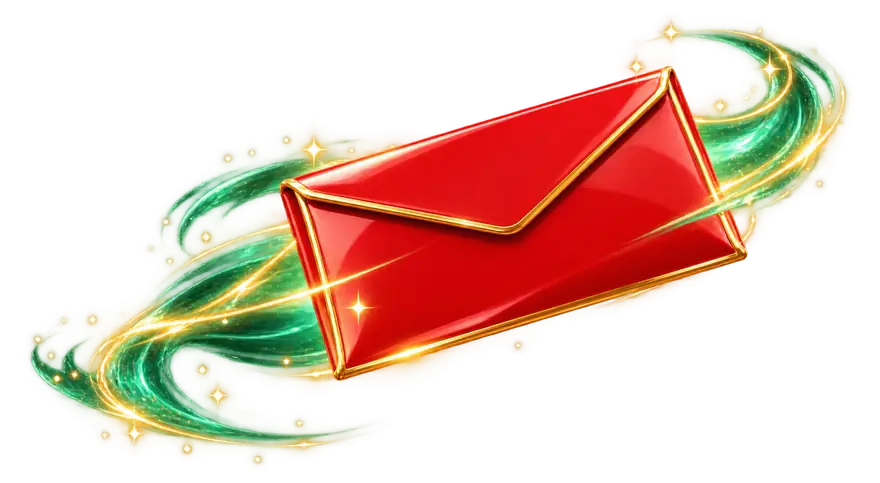 Envelope vermelho com borda dourada voando entre rastros de luz verde e dourada
