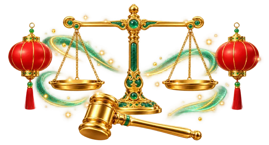 Balança da justiça dourada equilibrada e martelo de juiz, entre lanternas vermelhas