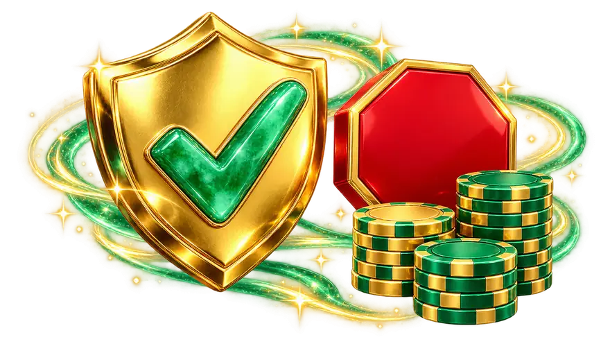 Escudo dourado com visto verde, marcador vermelho de parada e pilhas de fichas de jade e ouro