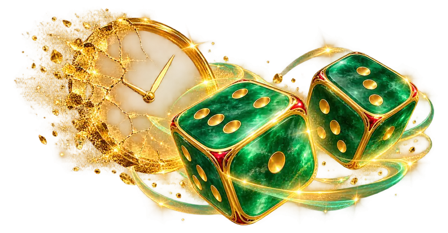 Relógio dourado rachado se desfazendo atrás de dois dados de jade e ouro rolando