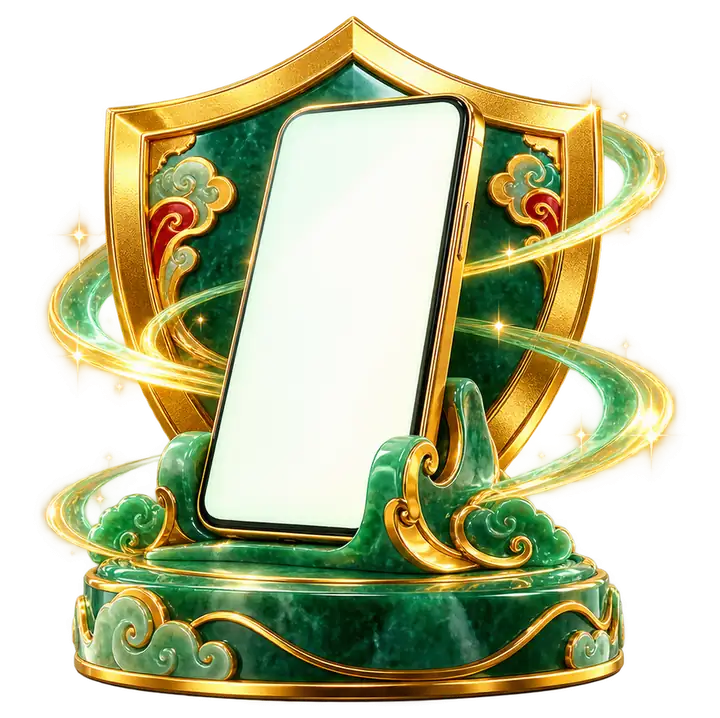 Celular com tela em branco sobre suporte de jade e escudo dourado