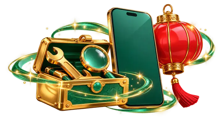 Ferramentas douradas e lupa ao lado de um celular