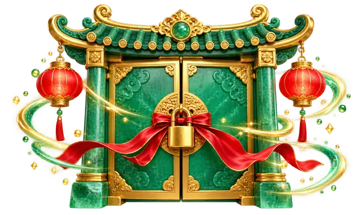 Portão de jade com cadeado dourado e lanternas vermelhas