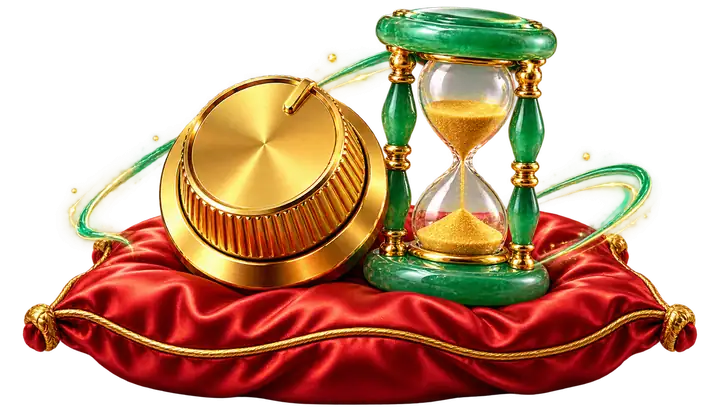 Botão giratório dourado e ampulheta de jade sobre almofada vermelha