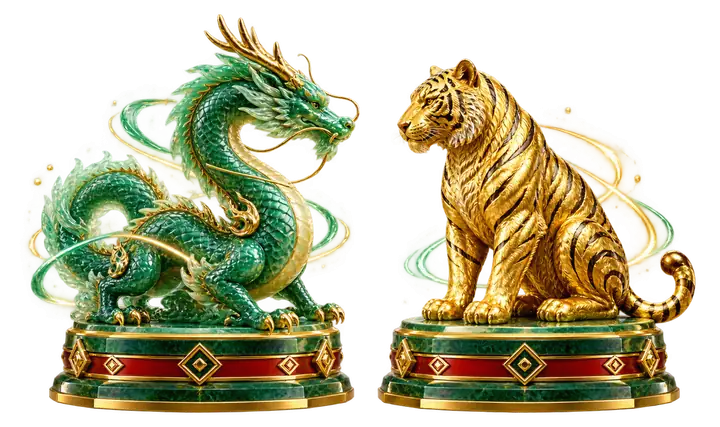 Esculturas de dragão de jade e tigre dourado frente a frente