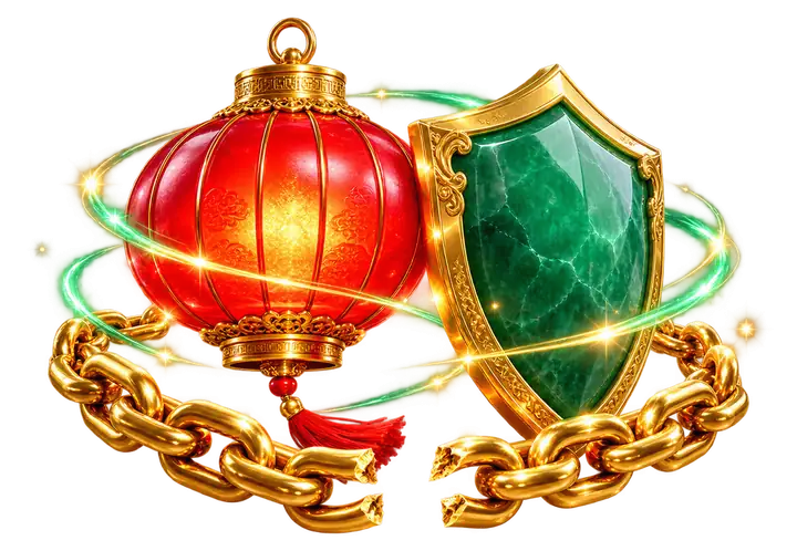 Lanterna de alerta acesa ao lado de escudo de jade e corrente quebrada