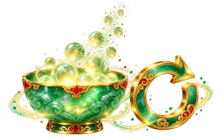 Tigela de jade com esferas de luz se dissolvendo e seta circular