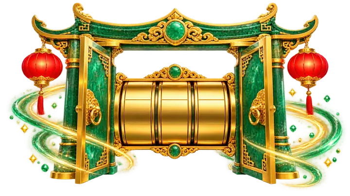 Portão de jade que abre para rolos dourados e lanternas
