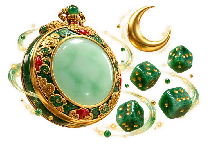 Relógio dourado sem números, dados de jade e lua crescente