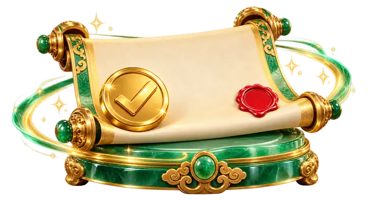 Pergaminho oficial com selo vermelho sobre pedestal de jade