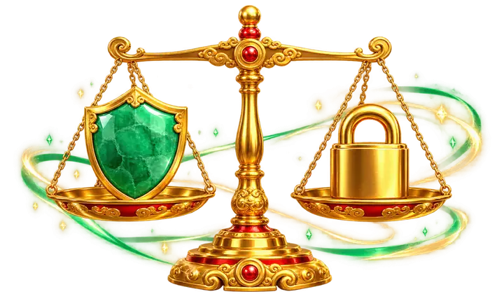Balança dourada com escudo de jade e cadeado