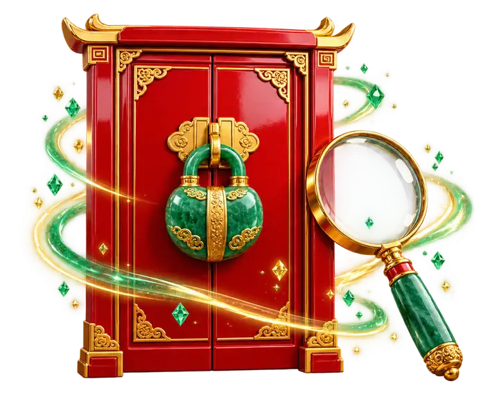 Porta laqueada vermelha com cadeado de jade e lupa