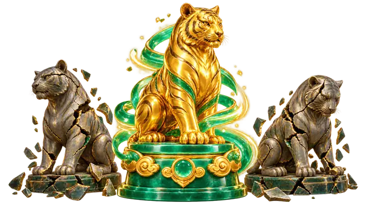 Escultura de tigre dourado ao lado de duas cópias rachadas