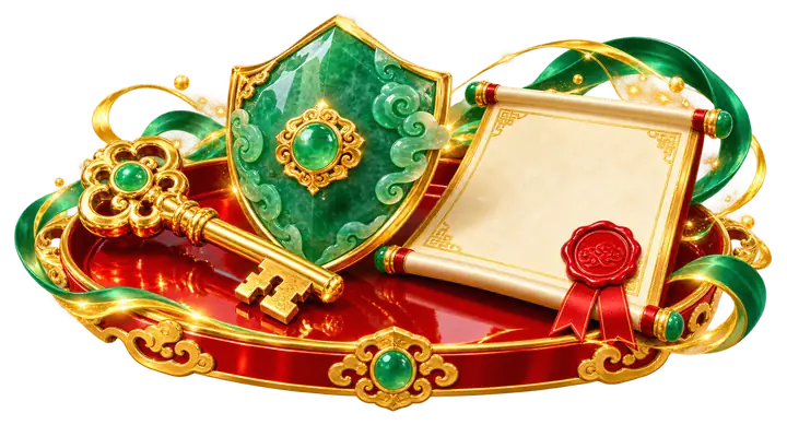 Chave dourada, escudo de jade e certificado com selo