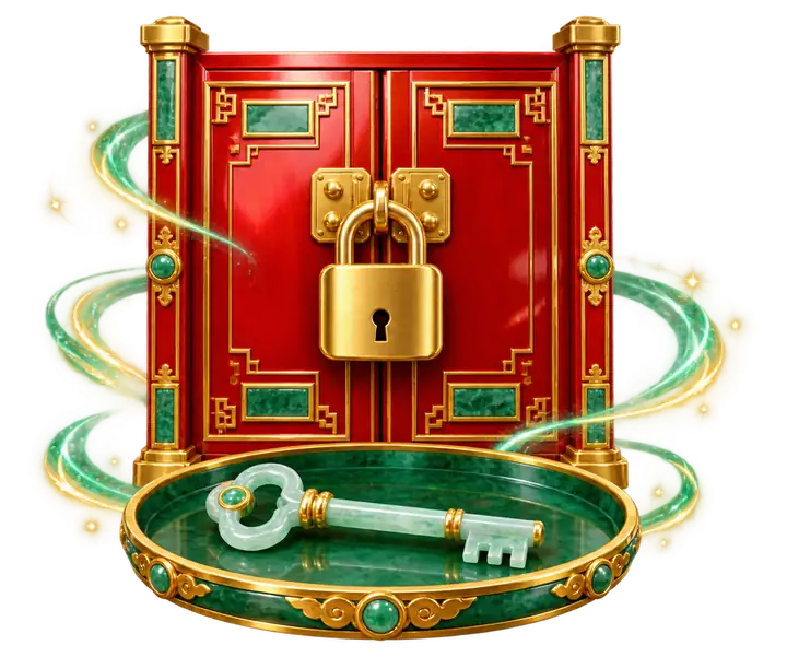 Porta vermelha com cadeado dourado e chave de jade