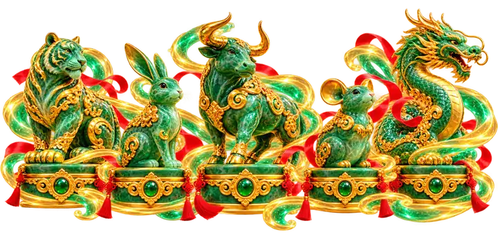 Cinco esculturas de jade e ouro de tigre, coelho, boi, rato e dragão
