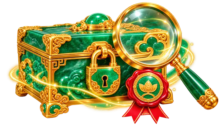 Caixa de jade com cadeado dourado e selo sob lupa
