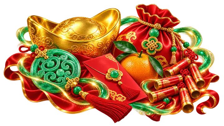 Lingote dourado, enfeite de jade, envelope vermelho, laranja, bombinhas e bolsinha
