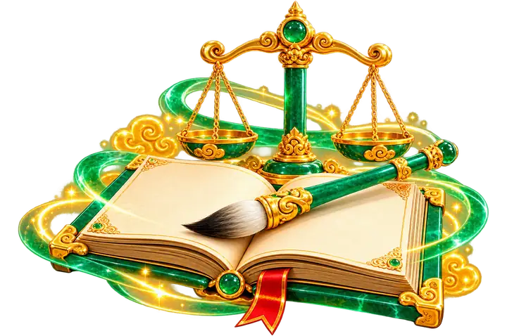 Pincel de jade sobre livro aberto e balança dourada