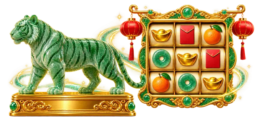 Escultura de tigre em jade sobre pedestal dourado ao lado de rolos 3x3 com símbolos da sorte