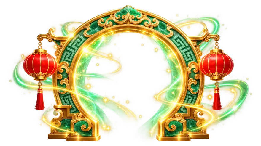 Portal redondo de ouro e jade com luz saindo da abertura e lanternas vermelhas dos lados