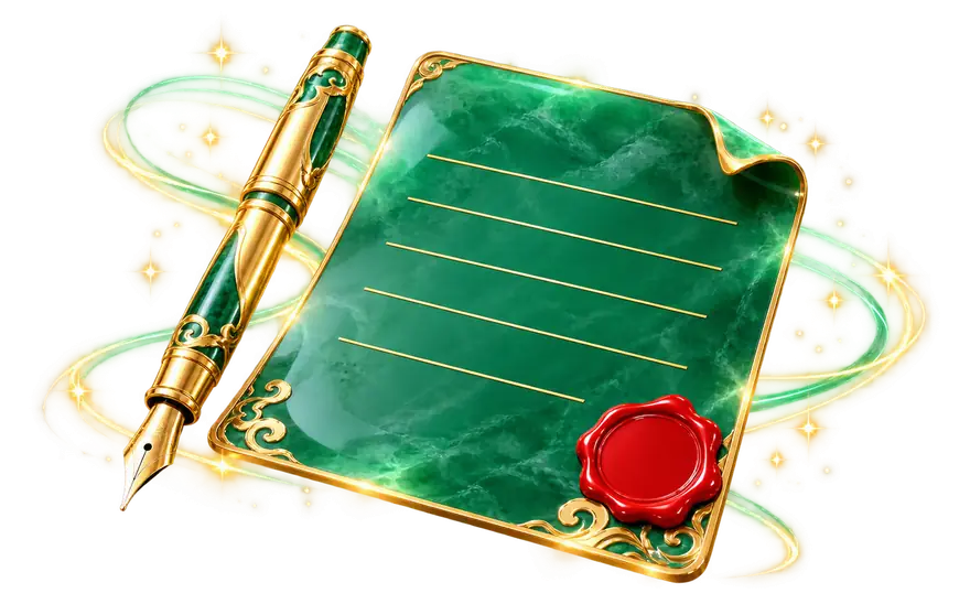 Caneta-tinteiro dourada e documento de jade com lacre vermelho