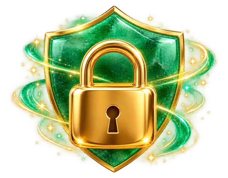 Cadeado dourado diante de um escudo de jade