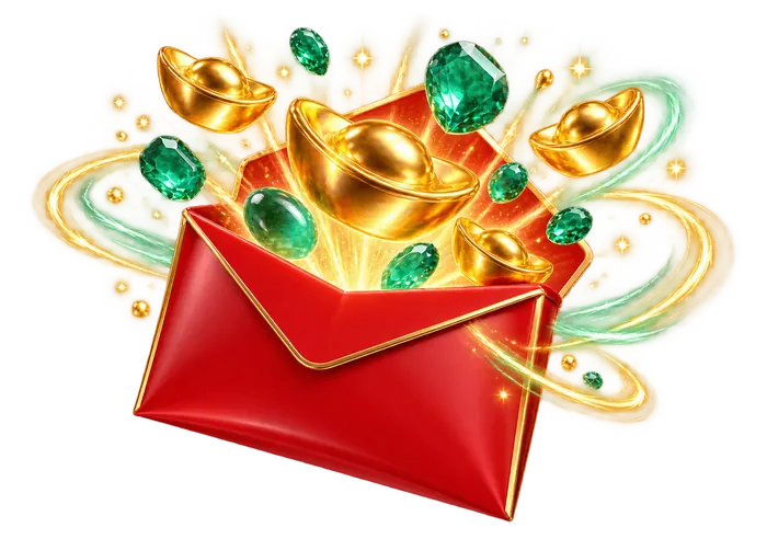 Envelope vermelho da sorte se abrindo com lingotes dourados e pedras de jade